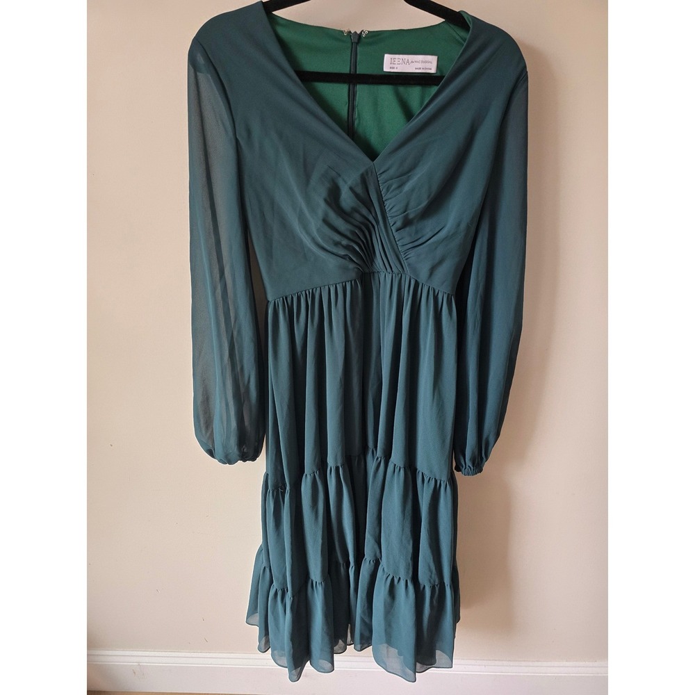 Mac Duggal Emerald Green Chiffon Tiered V-Neck Dress Long Sleeve Size 0